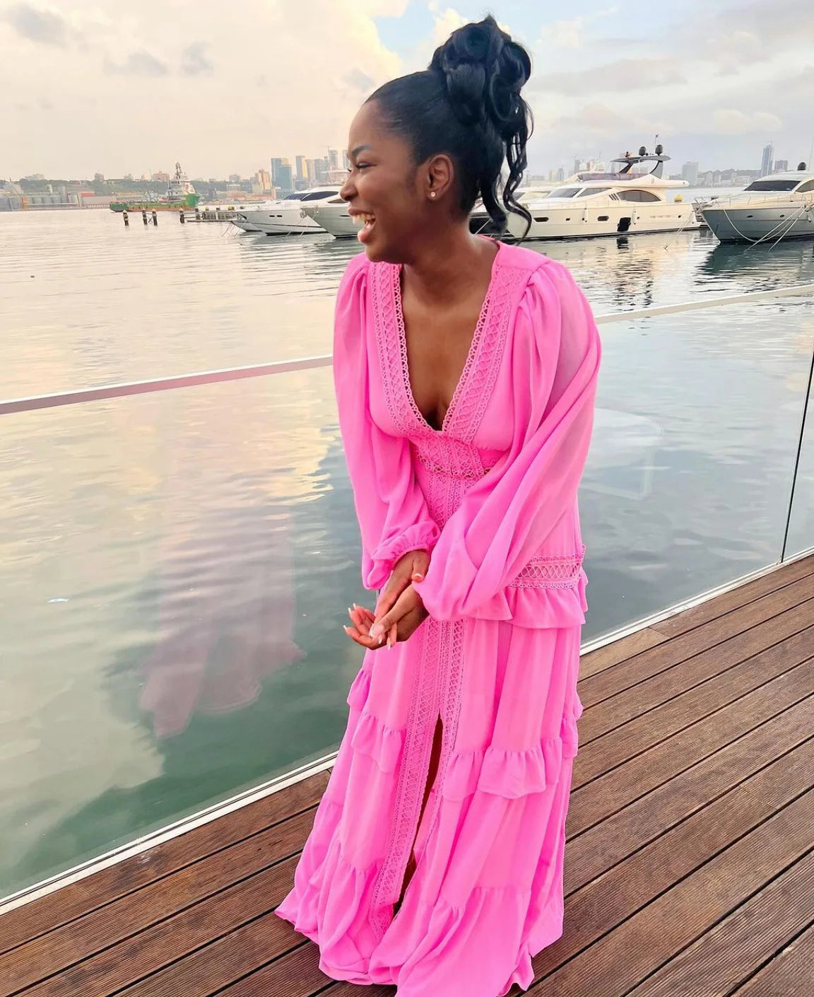 Elegant Womens Maxi Dress Ruffles Long Sleeve Hollow Out Evening Dresses Party Chic Robe Green Blue Purple New In Holiday Summer
