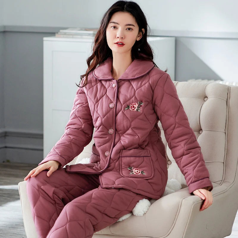 Winter three layer thick keep warm quilted jacket women's pajamas floral pijamas inverno M-XXXL sleepwear