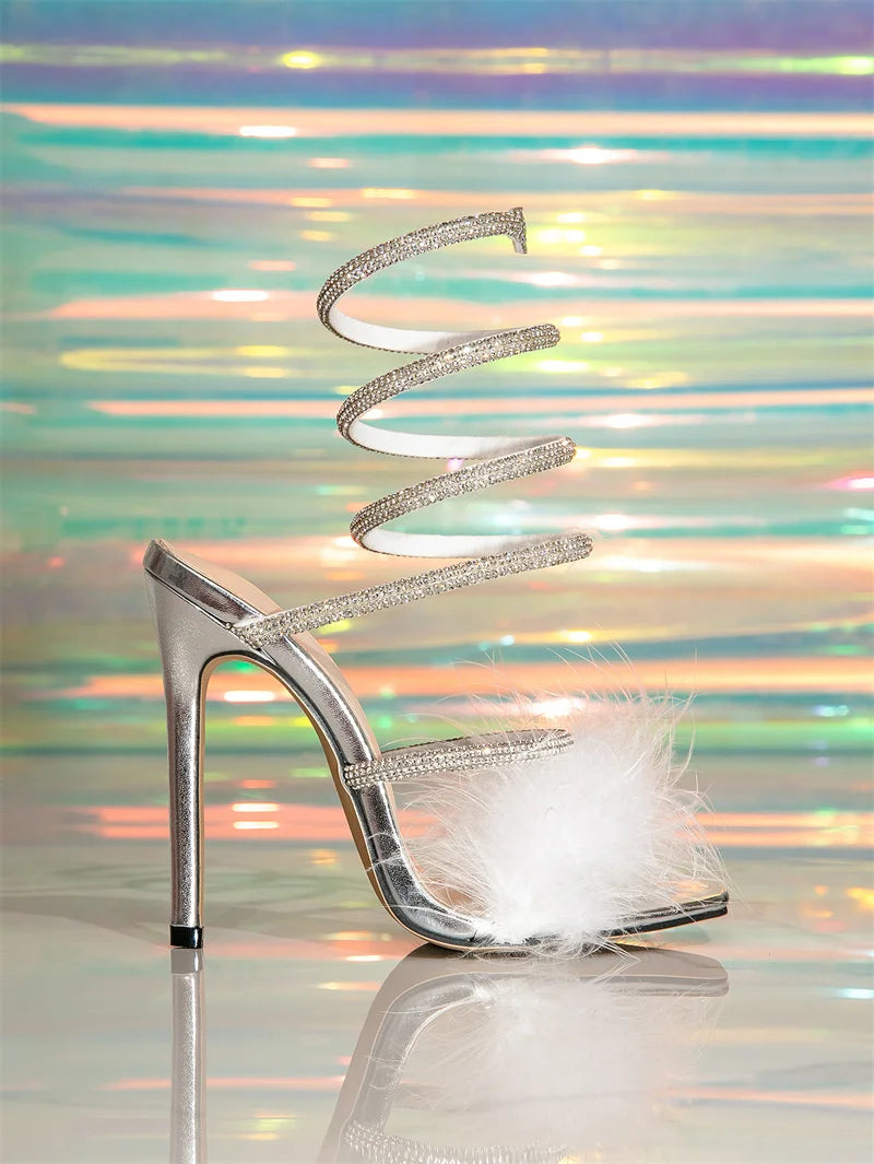Liyke Sexy Snake Twine Around Crystal Women Sandals Fashion Furry Feathers Square Toe Rhinestones High Heels Party Prom Shoes