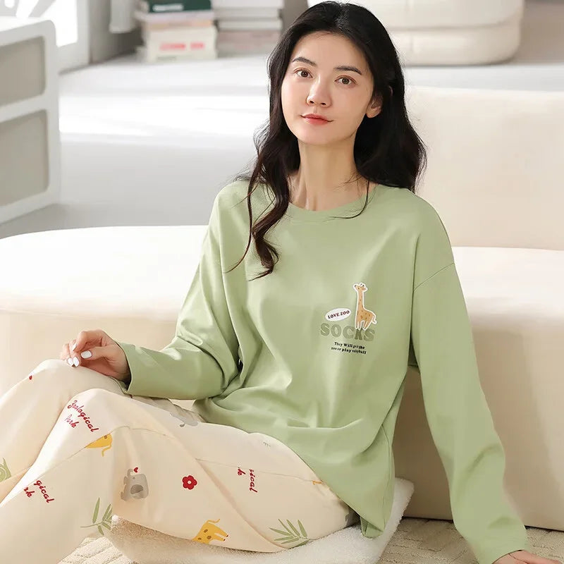 2PCS/Set Ladies Four Seasons Pajamas Long Sleeves Cartoon Casual Student Homewear Girl Giraffe Cute Print Women Sleepwear