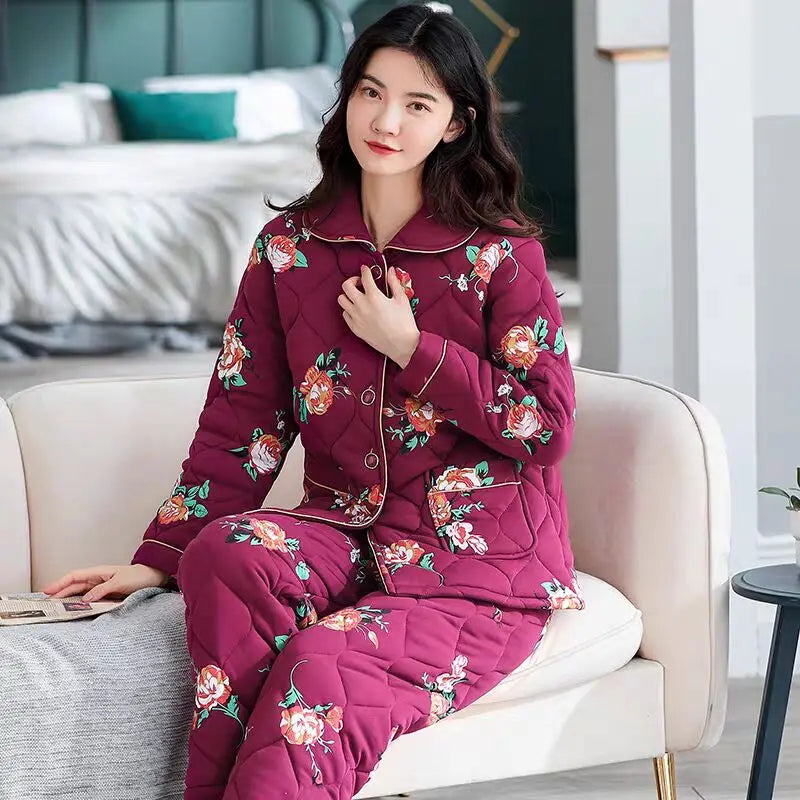Winter three layer thick keep warm quilted jacket women's pajamas floral pijamas inverno M-XXXL sleepwear