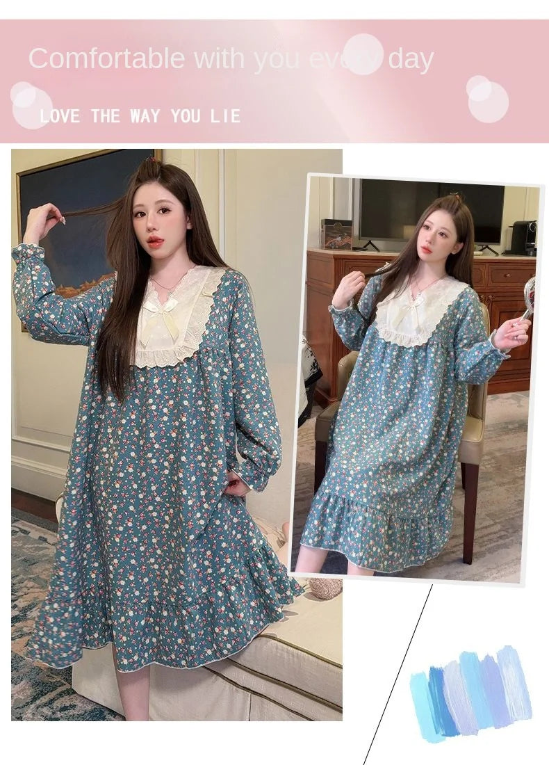 2026 Comfy Long Sleeve Home Dress, Women's Floral Print Loungewear for Spring Autumn, Oversize Sweet Korean Style