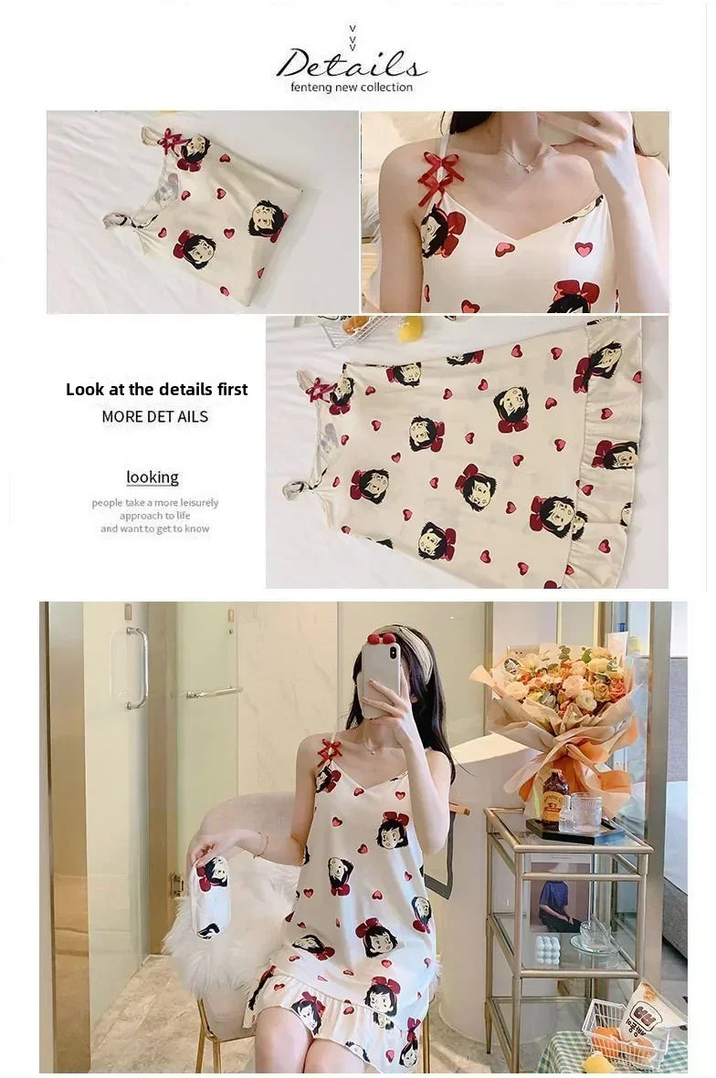 New with Bra Pad, Free Eye Mask, Sling, Loose and Cute Cartoon Animal Pajamas, Nightgown Role-playing Sleepwear Women