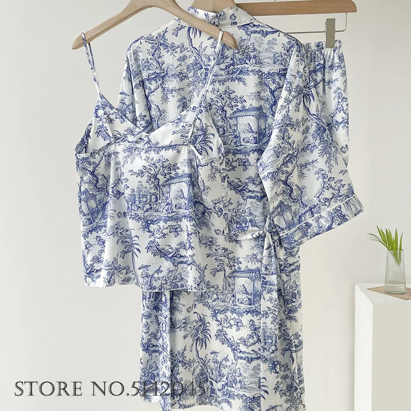 Women Sleepwear 3PCS Pajamas Set Lingerie Print Flower Bath Robe Gown Nightwear Summer Loose Satin Lounge Wear Home Clothes