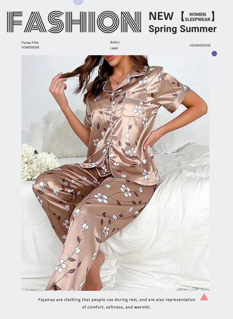 Ladies Floral Print Pajamas Set Autumn Short Sleeve Buttons Top & Elastic Waistband Pants Women's Sleepwear Loungewear Pj Sets