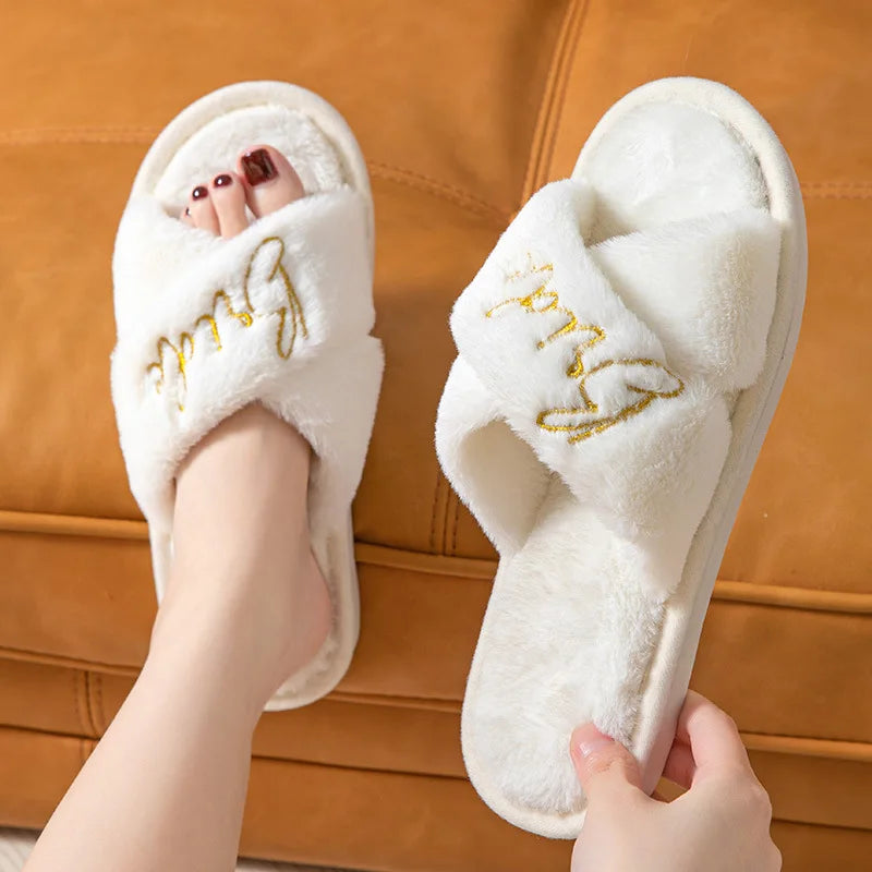 Fashion White Plush Home Slippers for Women Letter Print Cross Strap Fluffy Bridal Slippers Woman Comfort Non Slip Indoor Slides