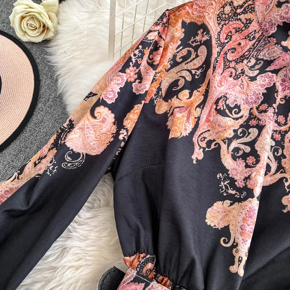 Spring Autumn Retro Palace Style Dress New French Printed Lantern Sleeve Stand Collar A-line Long Dress Femade C110