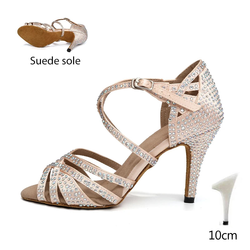 HROYL Ballroom Latin Dance Shoes Ladies Girls New Silk Satin Shiny Rhinestone Cuban High Heels Party Salsa Dance Shoes Women