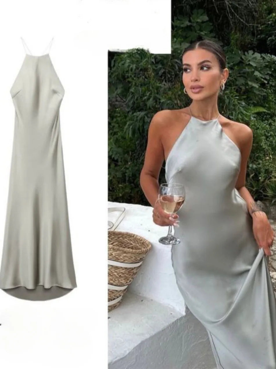 New Spring Summer Women's Maxi Dress Satin Feeling Sleeveless Dress European American Style Banquet Sexy Dress Evening Dresses