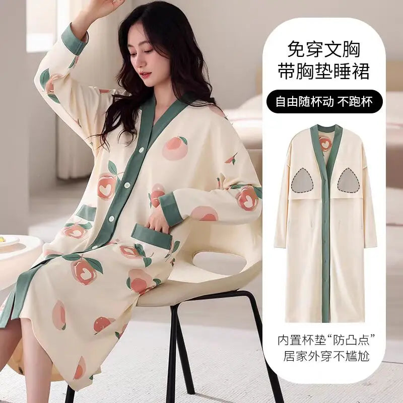 Big Size M-5XL Spring and Autumn Women Nightdress With Chest Pad Femme Knited Cotton Nightwear Floral Nightgown