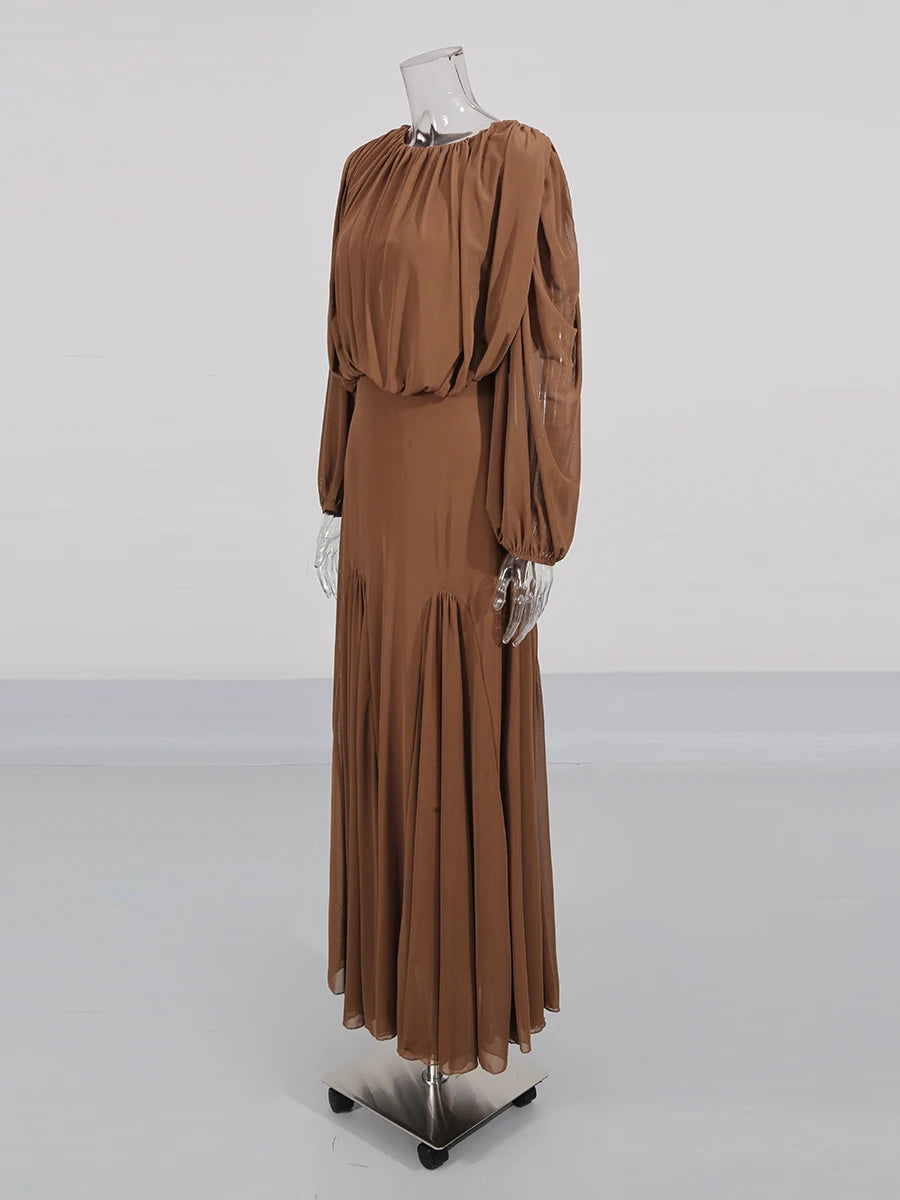 TWOTWINSTYLE Solid Spliced Folds Minimalist Dresses for Women Round Neck Long Sleeves High Waist Elegant Dress Female Autumn New