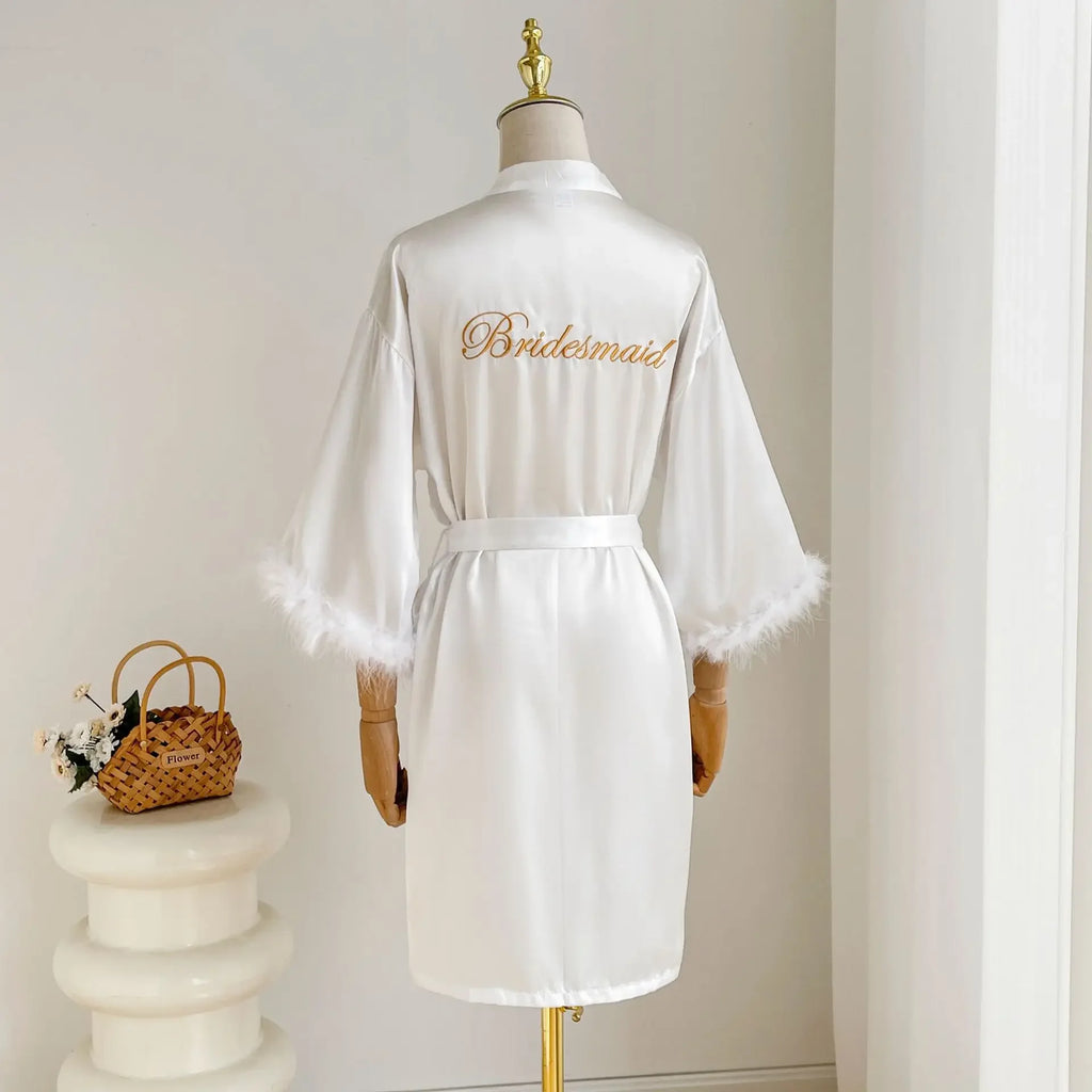 Wedding Bride Bridesmaid Robe Satin Kimono Intimate Lingerie Lady Sexy Feather Sleeve Bathrobe Nightgown Short Sleepwear Onesize