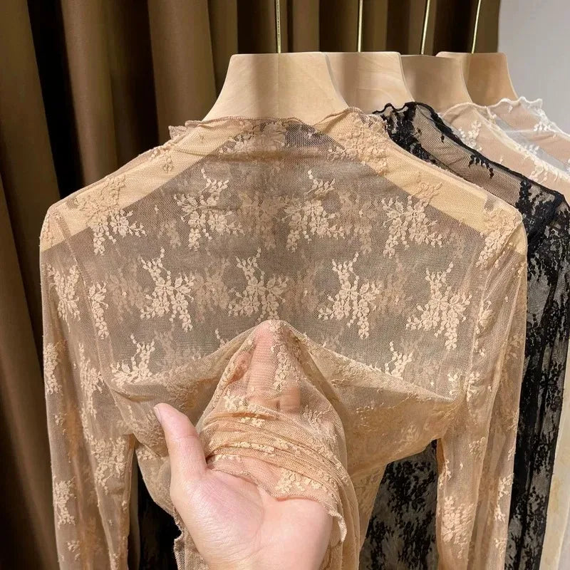 Sexy Floral Lace and Mesh Ruffle Nightgown Woman Sleep Tops Nightie Turtleneck Mesh Layering Top Y2k Floral Tee Shirts Blouse