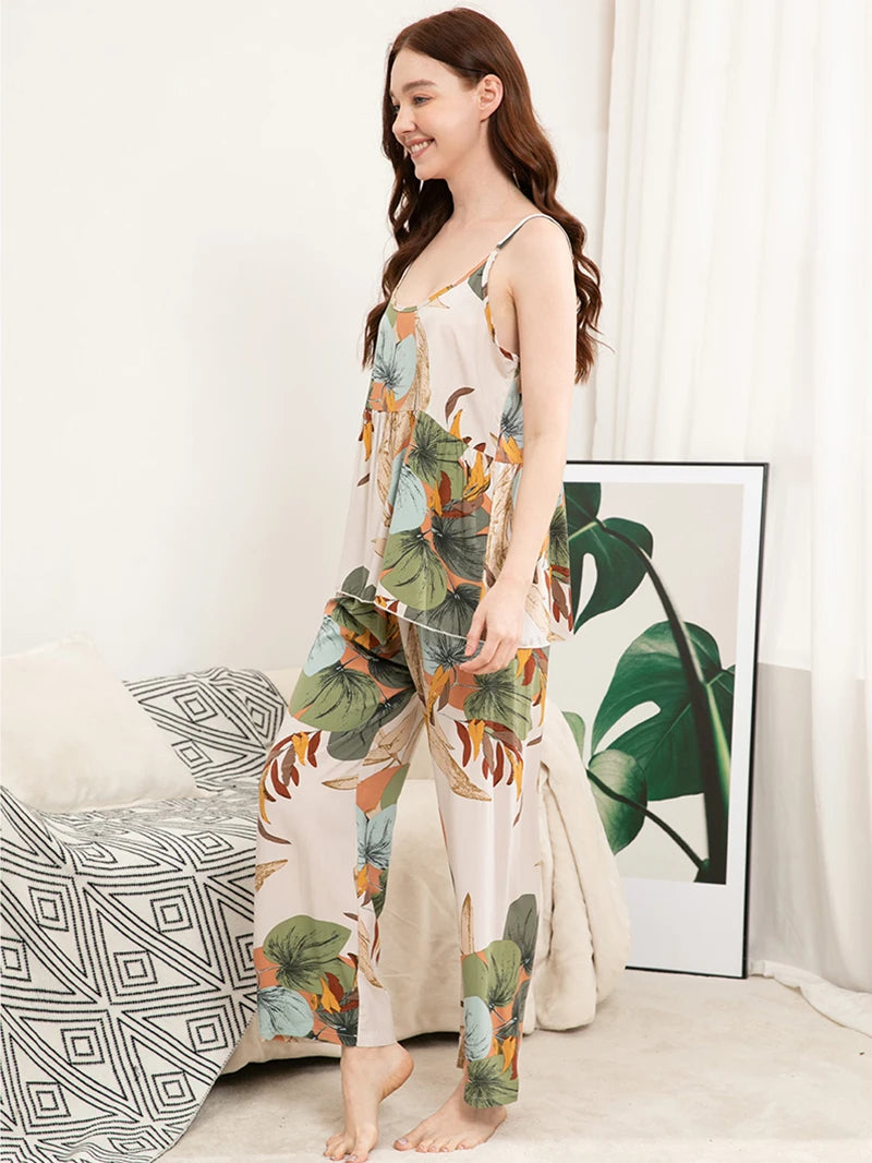 Plus Size S-XXXL  Floral Printed Women Sleepwear Ladies Loose Thin Homewear 2pcs Cami Pants Pajamas Set  Nightwear