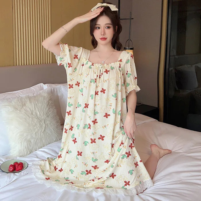M-5XL Plus Size Sleep Dress for Women Korean Sweet Summer Sleepwear Students Cute Print Nightgown Pajama Sleepshirt Home Clothes