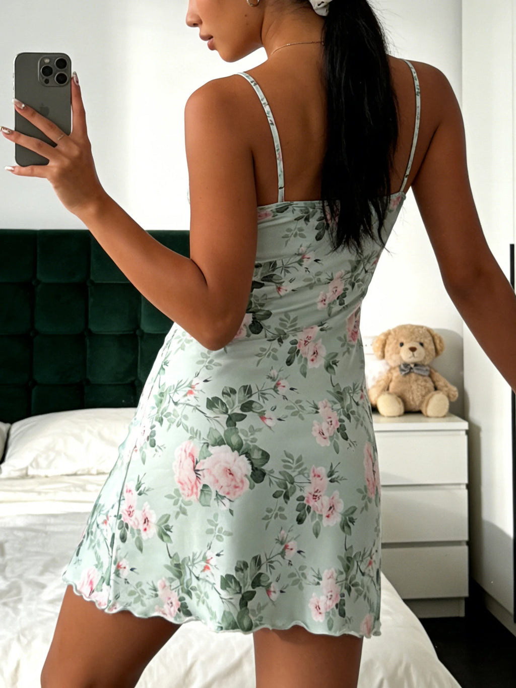 Women Nightgown Cami Thin Strap Ruffle Crew Neck Home Nightdress Summer Cute Floral Rose Print Loungewear