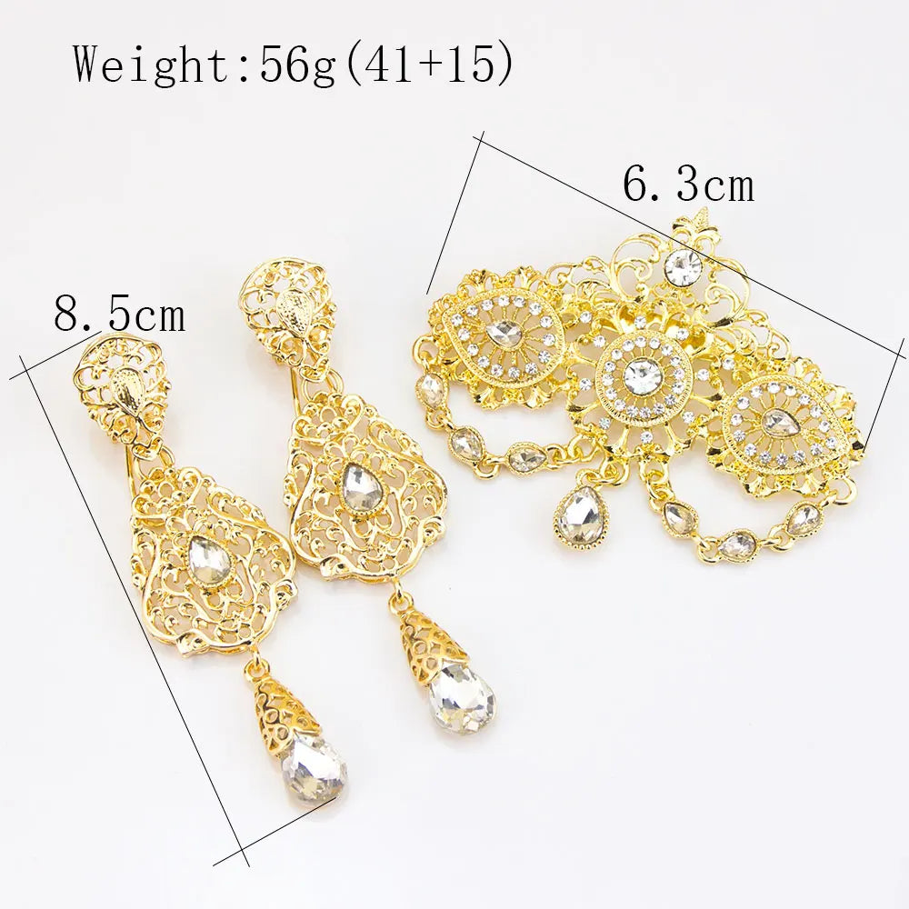 Sunspicems Gold Color Moroccan Jewelry Caftan Brooch Earring Sets For Women Chic Arabic Bridal Ethnic Wedding Bijoux Party Jewel