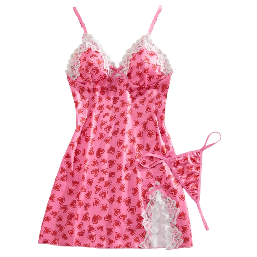 Sexy Y2K Women's Sleeveless Mini Dress Hot Lingerie With All-Over Heart Print Featuring A V-Neck And High Side Slit 2-piece Set