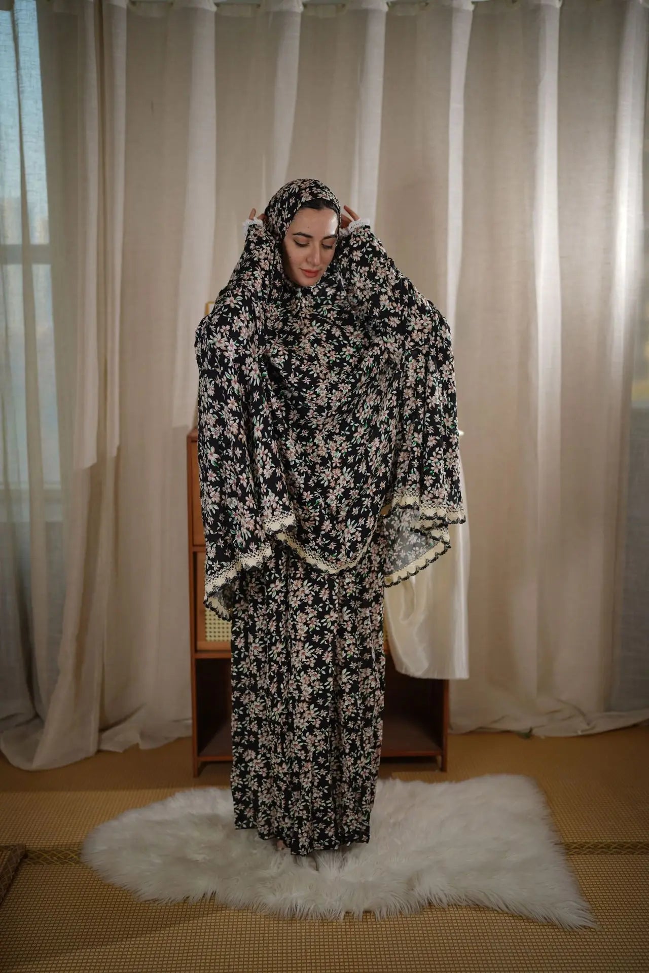 Muslim Outfits Two Pieces Prayer Flower Print Long Hooded Shirts Hijab Maxi Skirt Women Skirts Sets Ramadan Morocco musulman