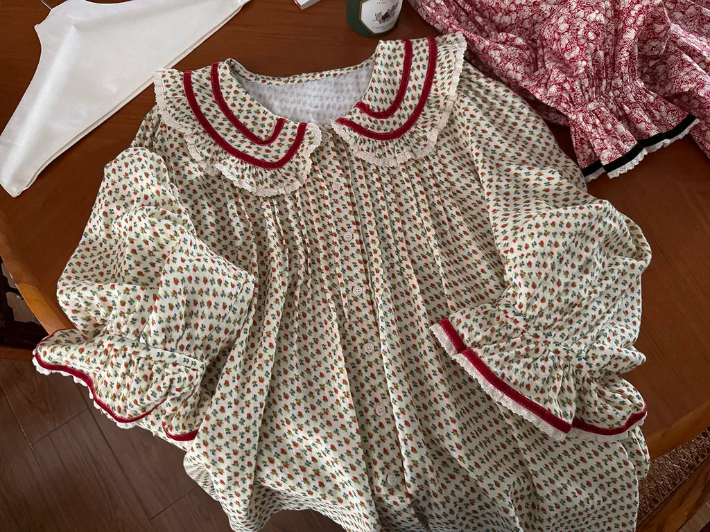 2026 new 100% cotton sweet rose floral printing home wear set princess women loose 2 pieces pajamas sets for spring summer