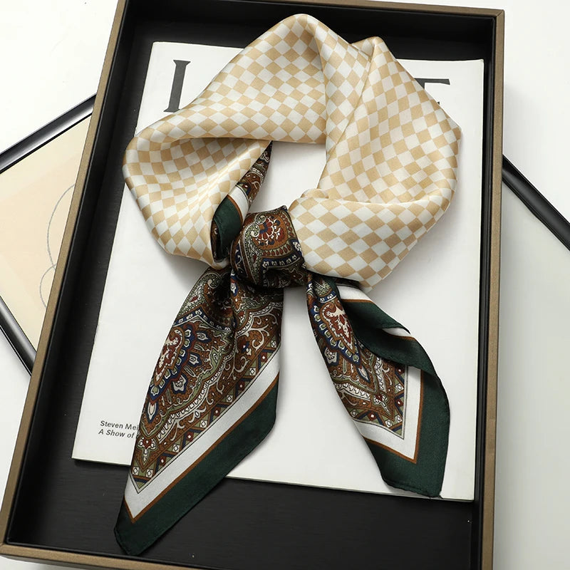 Luxury Women Silk Square Scarf Shawl Fashion Xiaoxiangfeng Print Design Satin Hijab Wraps Neckerchief Female Hair Bands 70*70CM
