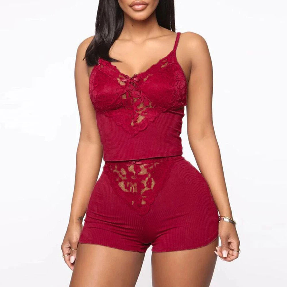 Ladies Summer Pajamas Two Pieces Sexy Pajamas For Women Suspenders Lace Camis And Short Pajamas Set V Neck Home Clothing Suit