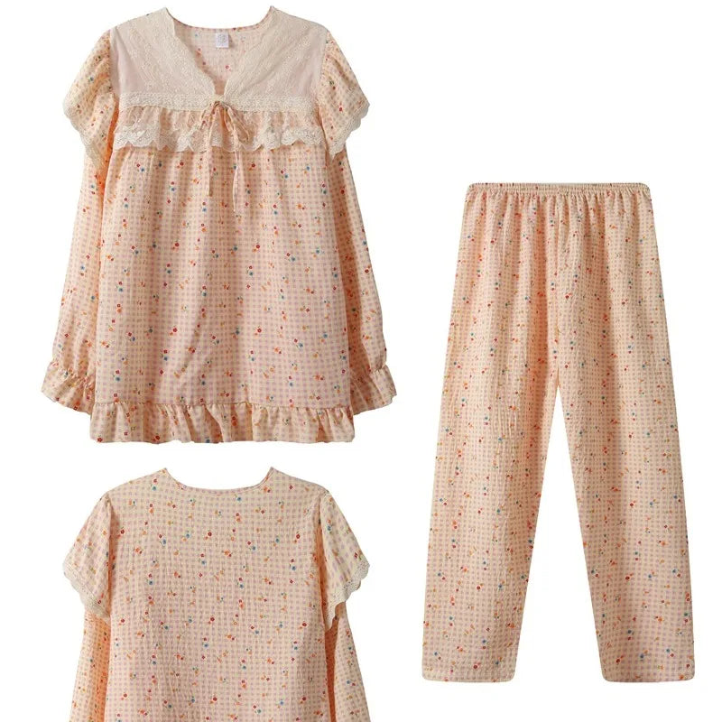 Korean Casual Lace Design Homewear Plus Size 2 Piece Suit Sweet Cute Print V-neck Women's Pajamas Set Autumn Winter New Pajamas
