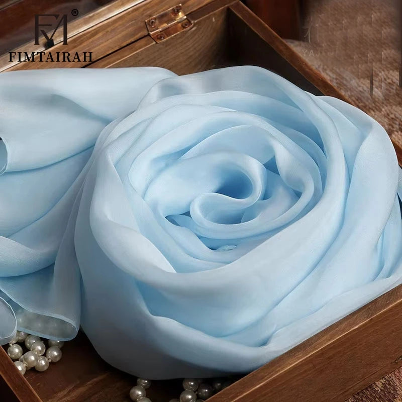 Fimtariah  Sky blue 100% Real Silk Scarf Women   Silk chiffon Scarf   Hangzhou long silk scarf solid color silk scarf