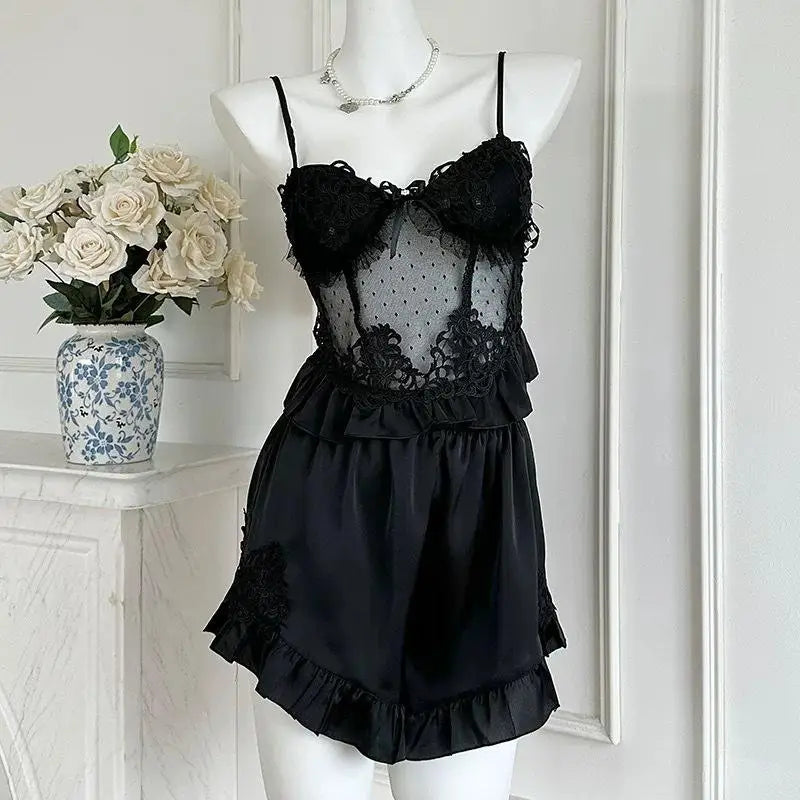 Palace Vintage Embroider Lace Floral Pajamas Set Sexy Sleepwear Satin Cami Top Shorts Pants Pijama Mujer Summer New Lingerie