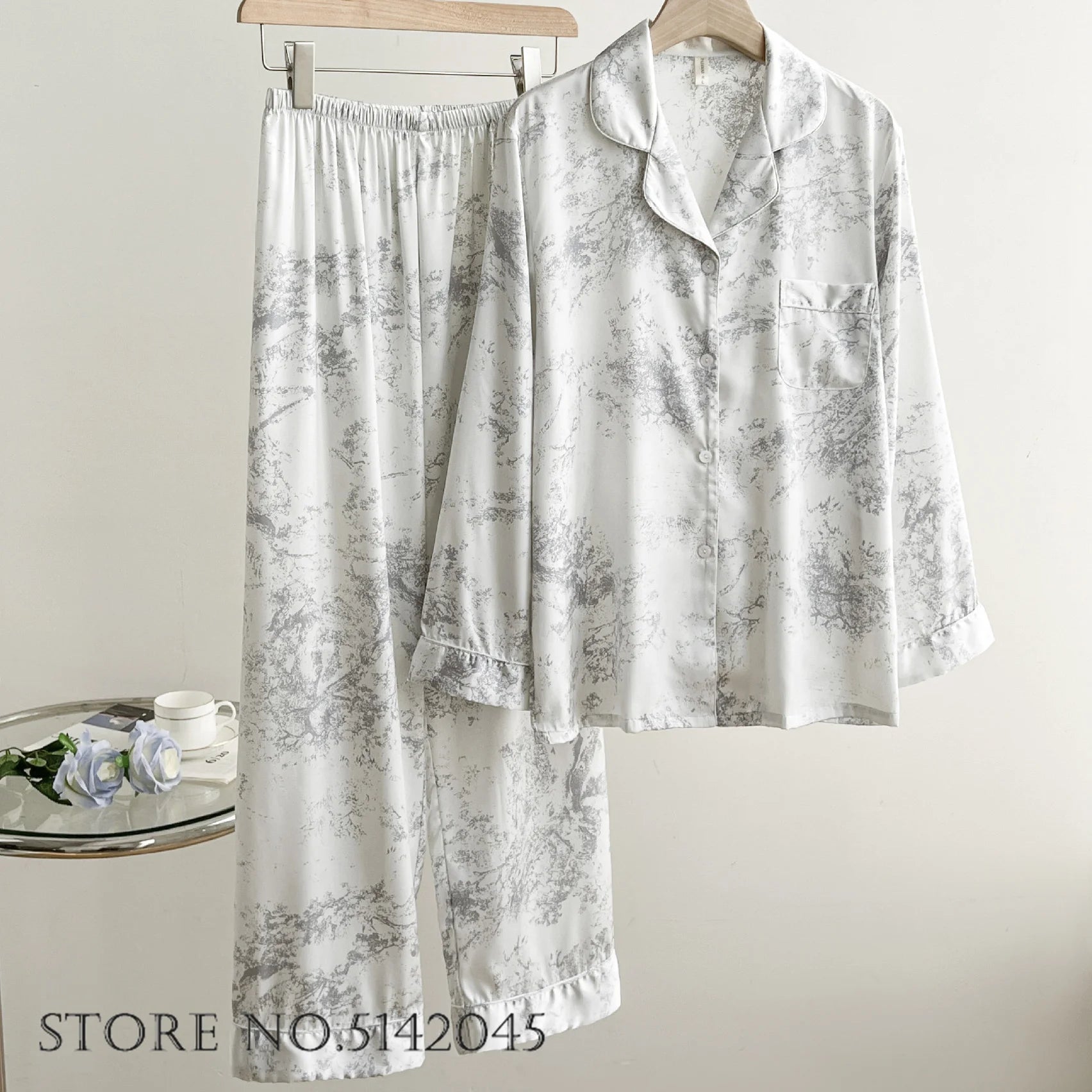 Plus Size 4XL Female 2PCS Pajamas Set Loungewear Sweet Girl Print Flower Lace Sleepwear Long Sleeve Pijamas Silk Satin Homewear