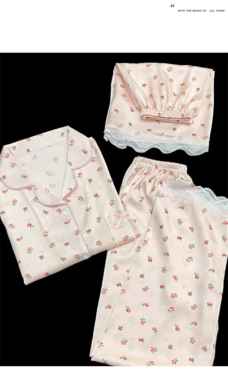 Sweet Floral Ins-Style Ice Silk Pure Desire Girl Pajamas Short-Sleeve Three-Piece Set Summer Satin Lace-Trimmed Loungewear