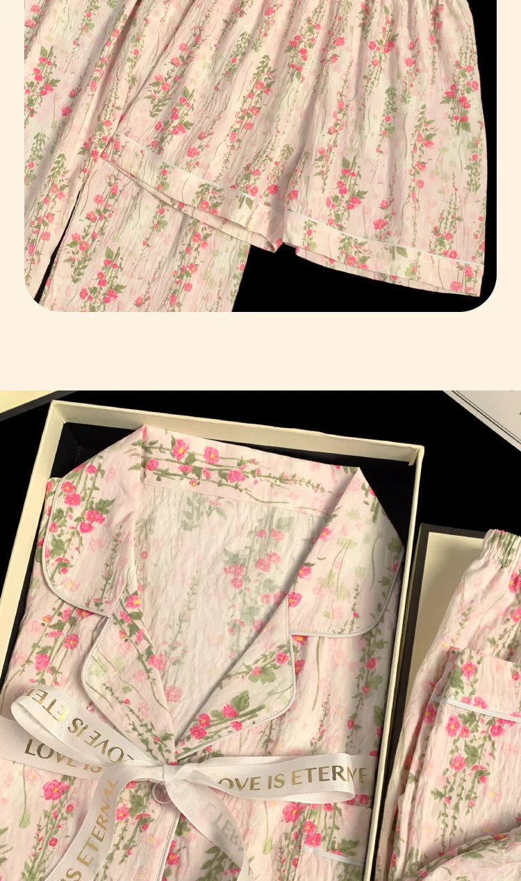 Spring/Summer Sweet & Cute Floral Cotton Pyjamas for Girls Three-Piece Homewear Set Student Casual Sleepwear Homewear Ensemble