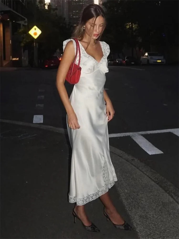 Tossy Fashion Satin Lace Long Dress Women V-Neck Patchwork Hollow Out Sleeveless Lace-Up Dress Evening Female Autumn Maxi Dress