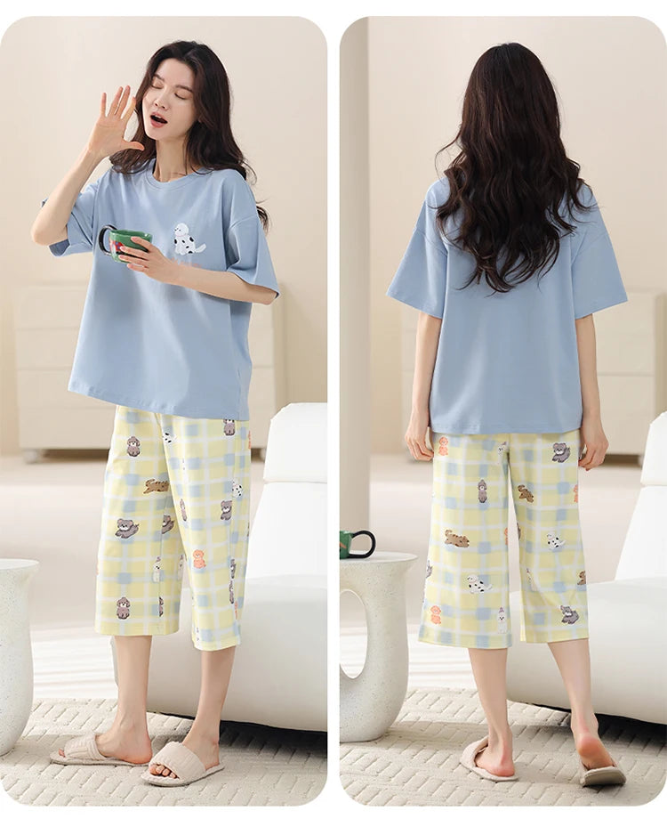 MiiOW 2Pcs Summer Women's Pajamas Set Cotton Short Sleeve Woman Homewear Cute Pink Patchwork Print Girls Pajamas Woman Sleepwear