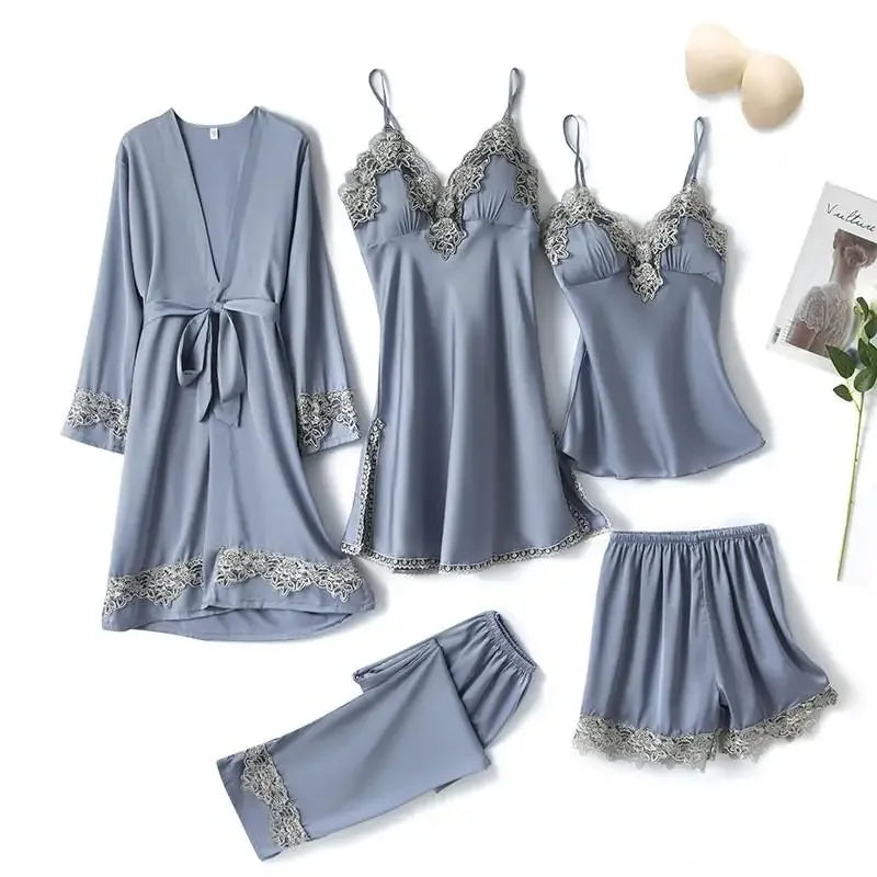 Pink Women Rayon 5PCS Robe Gown Sets Sexy Lace Floral Trim Bride Dressing Sleep Suit Loose Lingerie Pajamas Set Kimono Nightgown