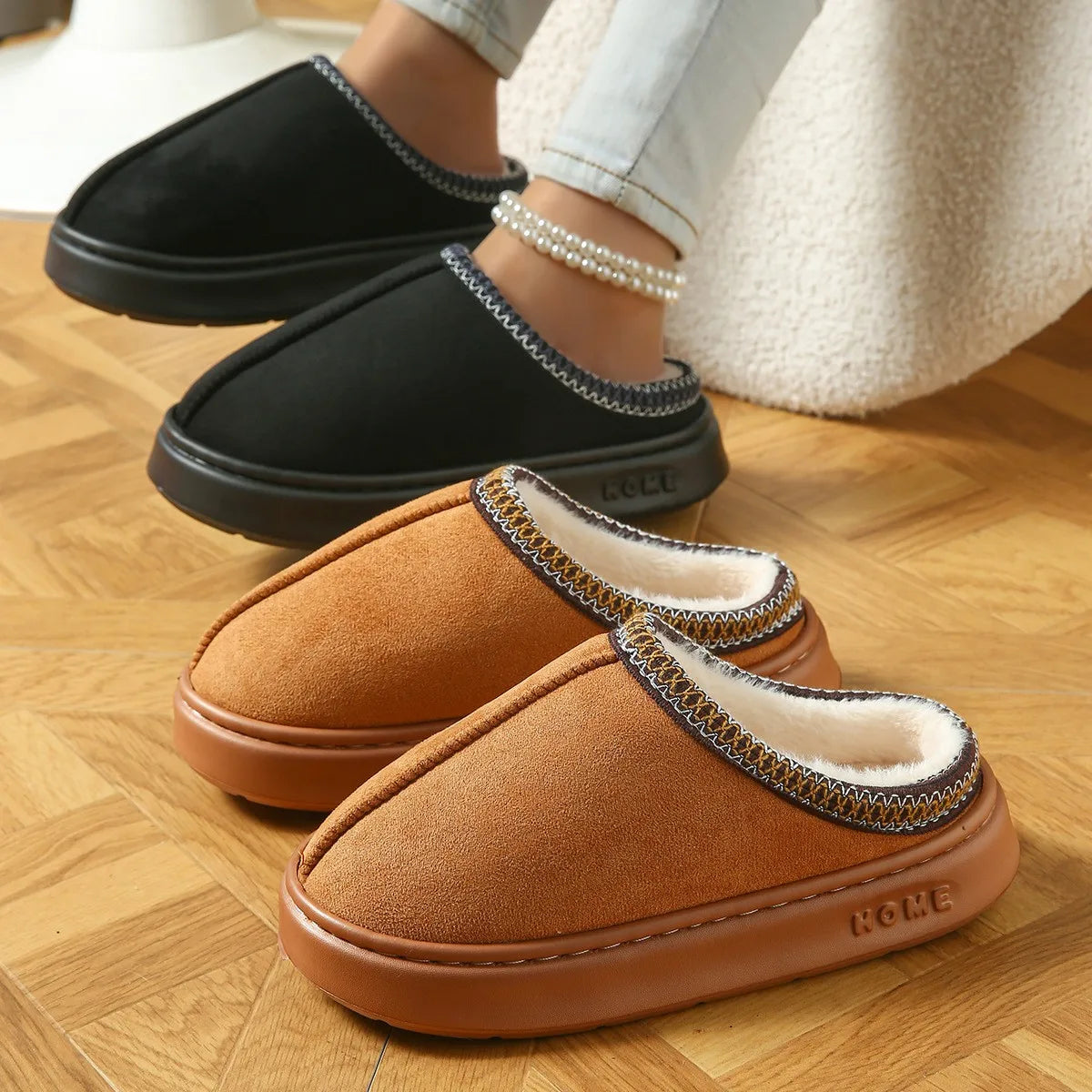 Hot Winter Women Slippers Plush Interior Anti Slip Thick Sole Fashion Embroidered Warm House Shoes for Ladies