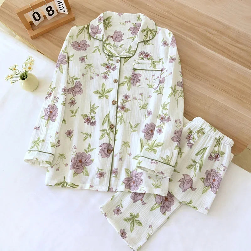 New large size pajamas women cotton crepe home service cotton long sleeve trousers suit simple and comfortable summer and autumn