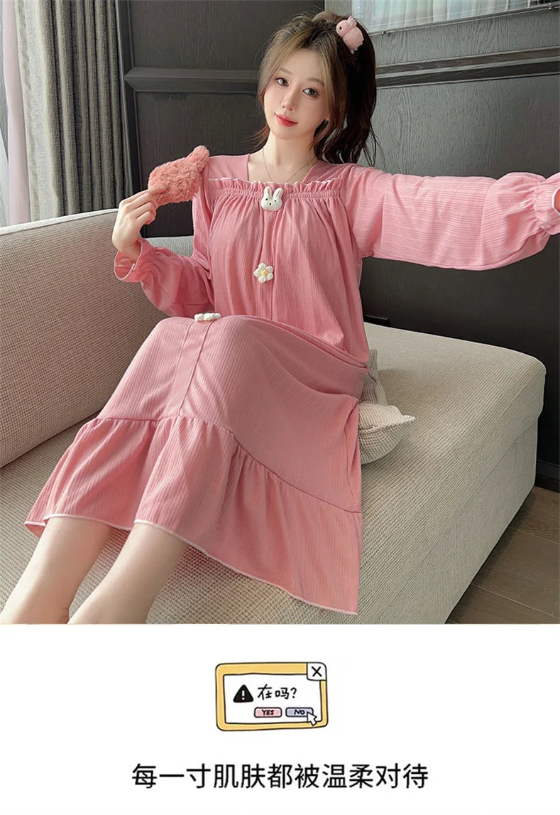 Autumn Winter New Women Cotton Nightdress With Chest Pad Long Dress Sweet Loose Long Sleeve Home Wear