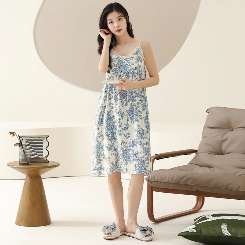 Summer Women Sleeveless Nightdress With Chest Pad Femme Knited Cotton Nightwear Floral Sling Sleepdress