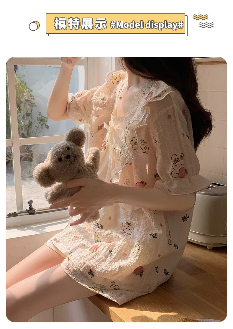 Women's Summer Floral Animal Print Short Sleeve Pajama Set  Cute Cartoon 2-Piece Pajamas Square Collar Kawaii Nightwear