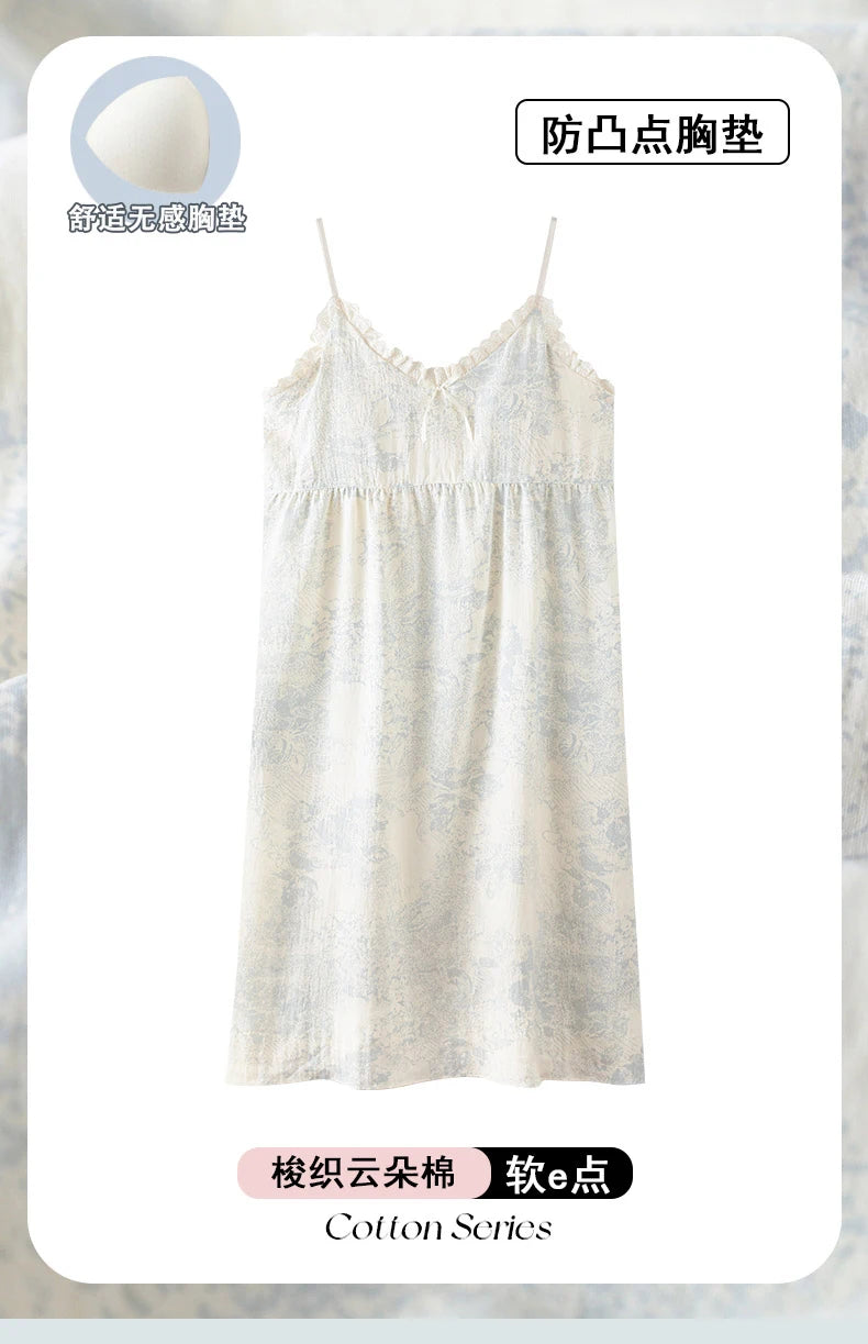 Summer Women Sleeveless Nightdress With Chest Pad Femme Knited Cotton Nightwear Floral Sling Sleepdress