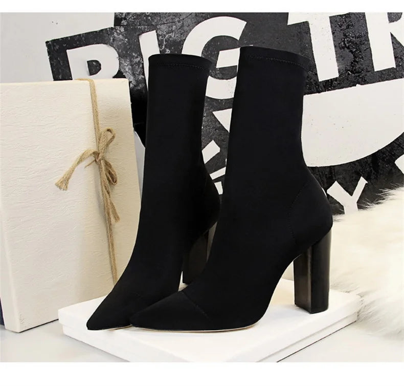 Mid-Calf Boots 2024 New Women Stretch Sock Boots Chunky Block Heels High Heels Silk Shoes Solid Color Short Boots Autumn 3129-3