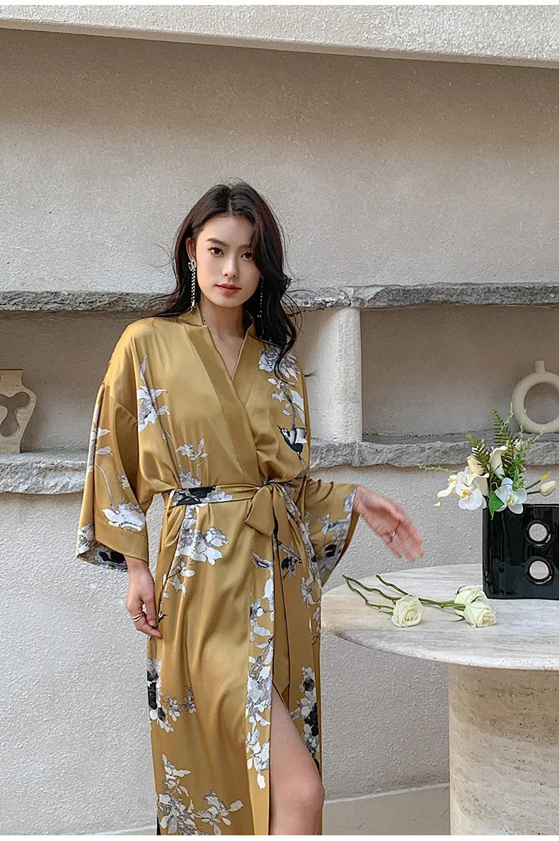 New Spring Summer Female Long Robe Nightgown Sexy Print Flower Kimono Bathrobe Gown Casual Silk Satin Home Dress Lounge Wear