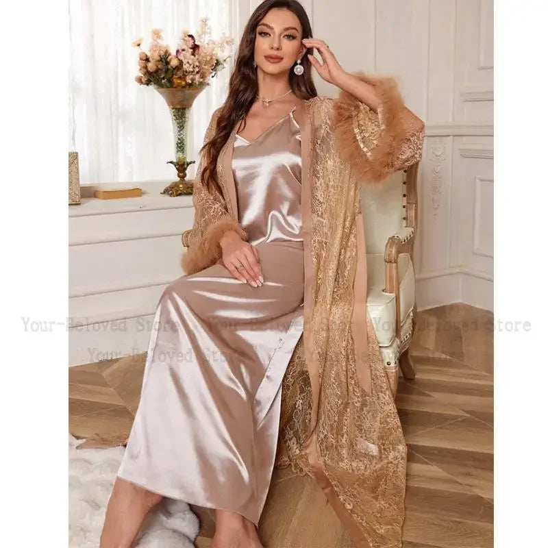 Luxury Party Night Dress Set Women Sexy Mesh Lace Floral Kimono Robe Gown Long Bathrobe Intimate Lingerie Satin Sleepwear