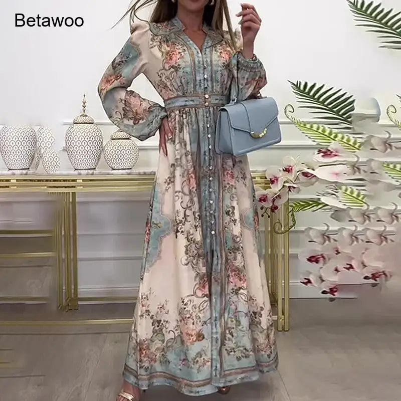 Womens Boho Floral Print Long Sleeve V Neck Button Front Belted Maxi Dress Casual Summer Beach Vacation Long Dress