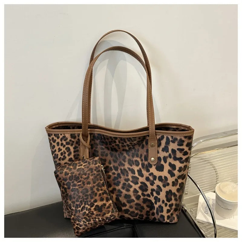 Women's Leopard Print Tote bag Pu Leather Underarm Bags Simple Casual Travel Shopping Bag Large Capacity Mother and Child Packag