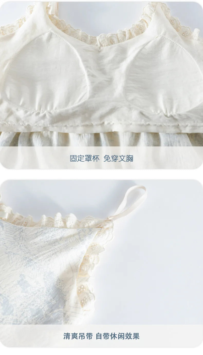 Summer Women Sleeveless Nightdress With Chest Pad Femme Knited Cotton Nightwear Floral Sling Sleepdress