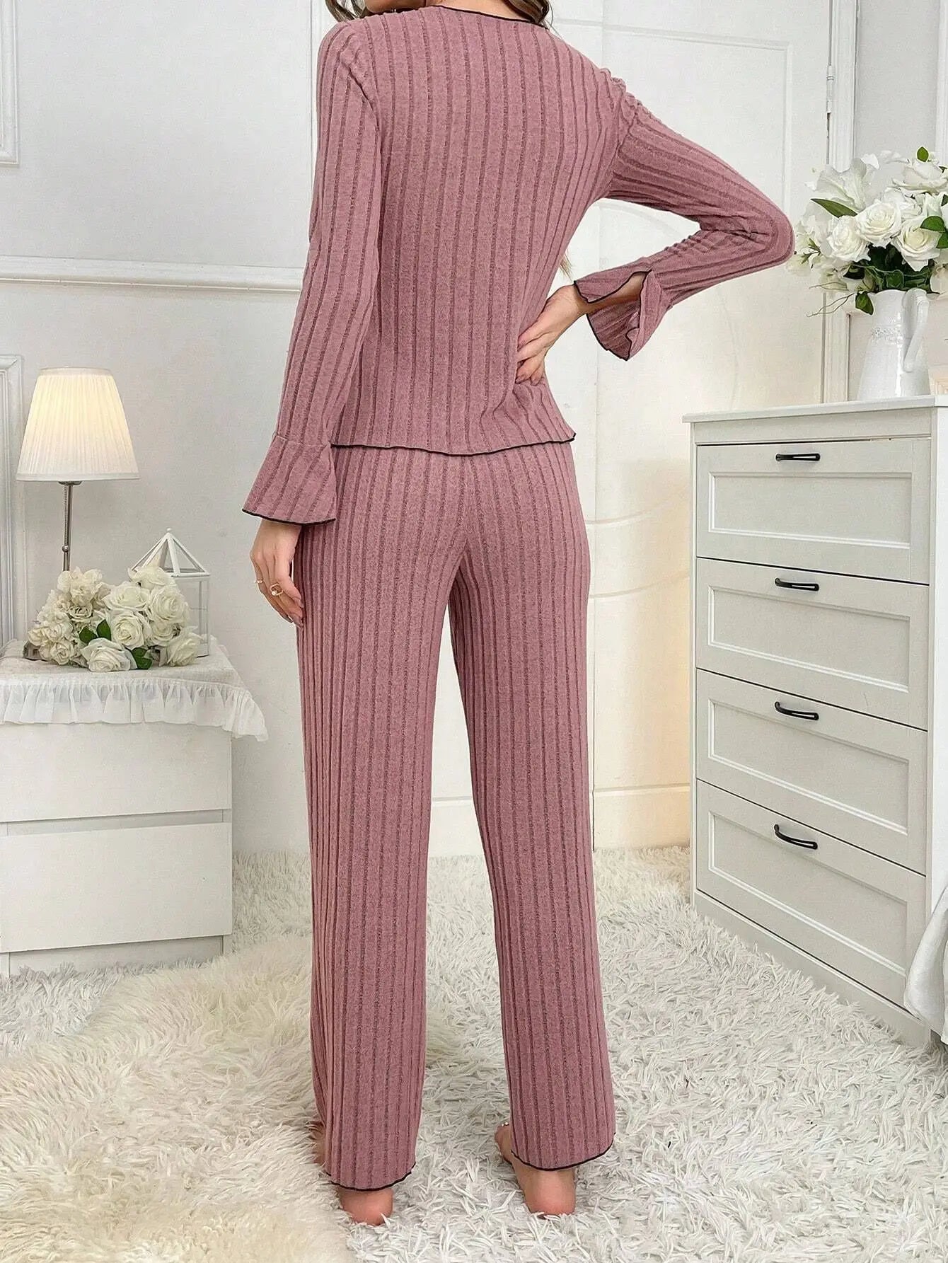 New 2025 Women Spring Casual Pajamas Set Comfortable Sleepwear Sexy Long Sleeve Lapel Solid Rib Homewear Female Loose Loungewear