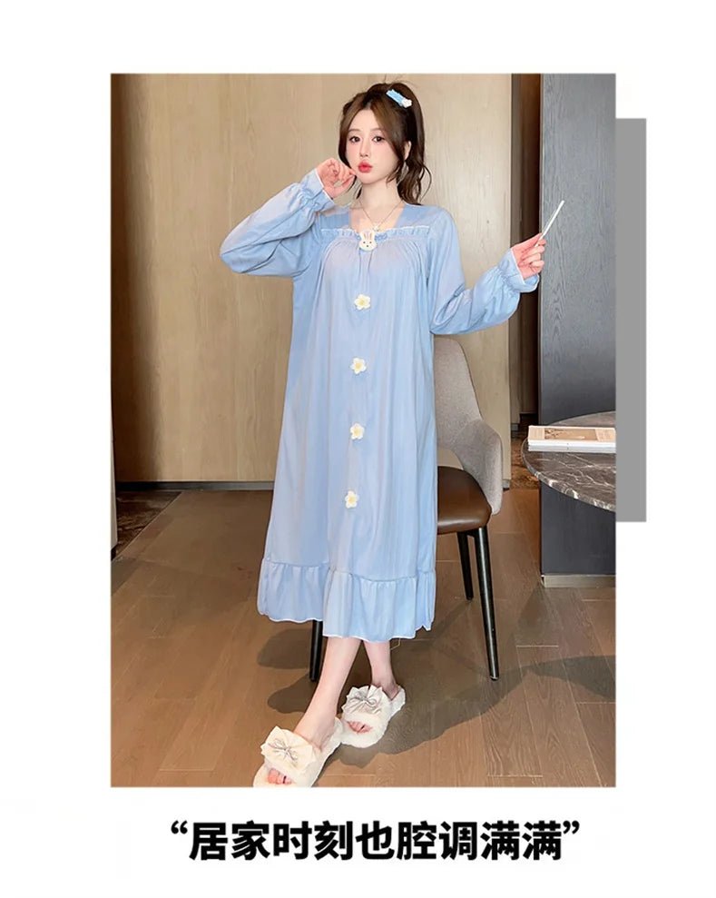 Autumn Winter New Women Cotton Nightdress With Chest Pad Long Dress Sweet Loose Long Sleeve Home Wear