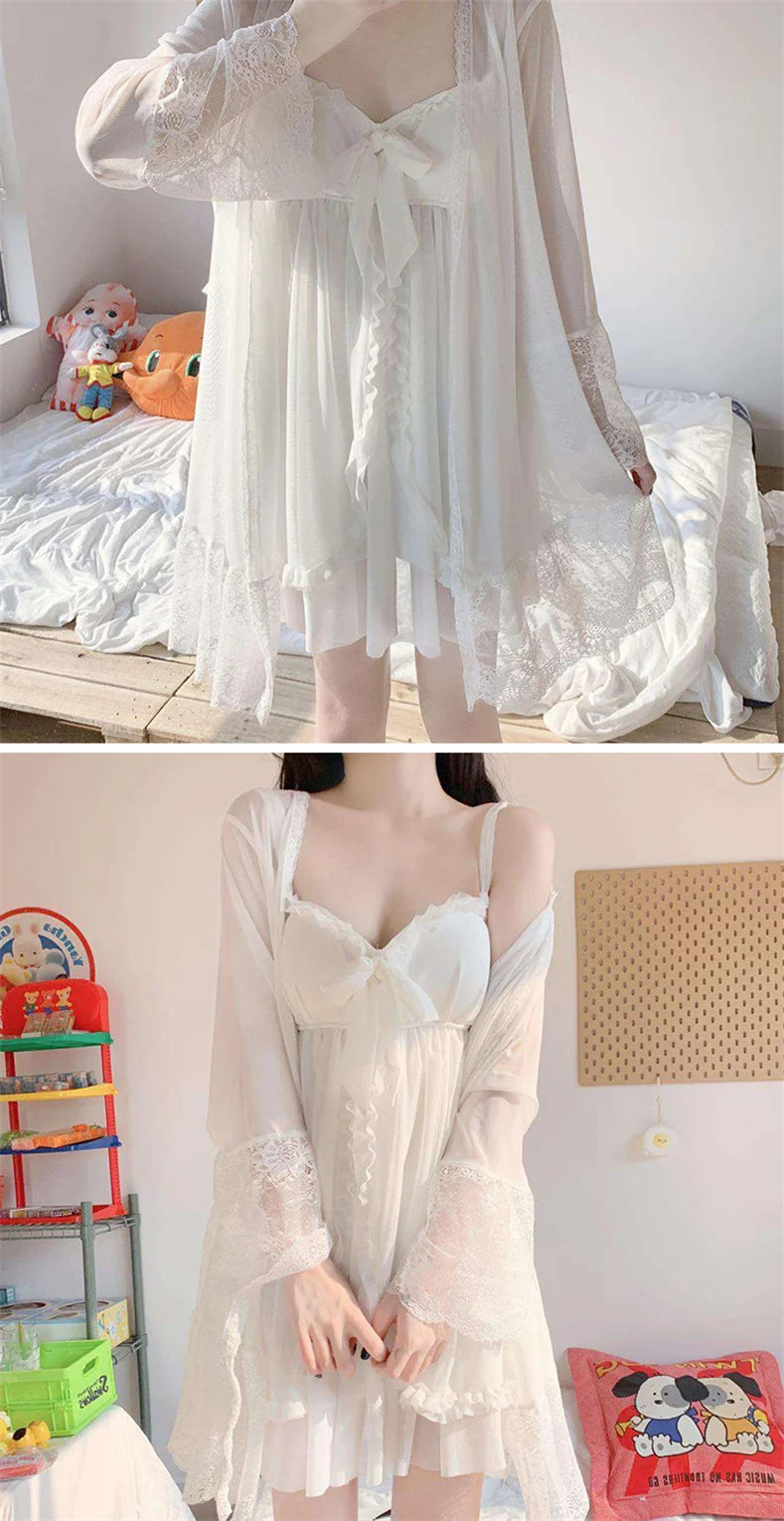 Elegant Sweet Simple Solid White Women Robe Gown Sets Chic Lace Bow Mesh  Sleepwear Breathable Slim Nightdress